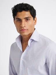 Thomas Mason Non-Iron Light Blue and Rose Multi Check Shirt