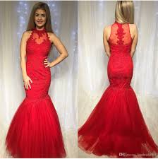 Charming Red 2019 Prom Dresses Mermaid Vintage Lace Black Girls Formal Evening Gowns Crew Neck Sleeves Party Dresses City Triangles Prom Dresses