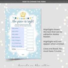 All the guests have to guess what the cost of each item was. Elephant Prince Price Is Right Baby Shower Game Editable Price Is Right Baby Shower Printable Editable Instant Download 500 Paper Party Supplies Invitations Announcements