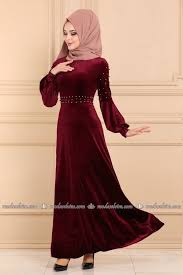 Modaselvim Elbise Incili Kadife Tesettur Elbise Pl6004 Bordo Abaya Tarzi Elbiseler Tarz Elbiseler