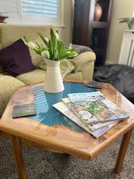 Incredible rare large hexagon coffee table by brown saltman, with a black textured top a finish that looks like glass. Hexagonal Lagoon Coffee Table Ash And Resin Dama Designs