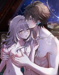 senasolumi, dan heng (honkai: star rail), stelle (honkai: star rail),  trailblazer (honkai: star rail), honkai: star rail, honkai (series),  highres, 1boy, 1girl, aqua eyes, black hair, breasts, earrings, eyeliner,  grey hair, groping,