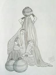 Village Women Panihari Drawing Pencil Sketches Easy Landscape Pencil Drawings Drawing Sketches