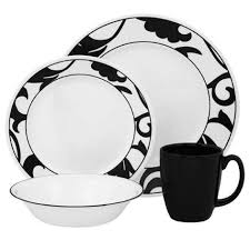 Black And White Dish Set Corelle Noir 16pc Dinner Set World Kitchen Uk Corelle Dinnerware Set Corelle Dinnerware Dinnerware Set