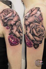 Femine Girly Shoulder Tattoo Realistic Roses And Pink Diamond Hearts Black And Gray Flowers Tattoo Pink Tattoo Tattoos Rose Tattoos