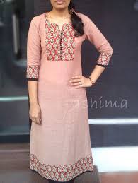 Code 2602163 Khadi Cotton With Block Printed Yoke Border Long Kurta Price Inr 890 Salwar Neck Designs Churidar Designs Kurti Designs