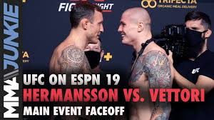Marvin vettori vs jack hermansson wasn't the original main event for this weekend's ufc card but you would've fooled me if you told me that marvin vettori. Jack Hermansson Vs Marvin Vettori Intense Final Faceoff Ufc On Espn 19 Staredown Youtube