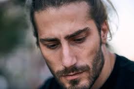 Caucasian Guy Beard Long Hair Guitar His Hand Calm Relaxed — Stock Photo ©  ChamanExperience #624239602