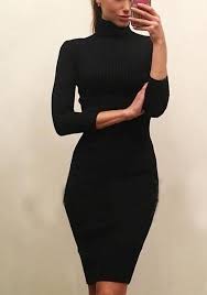 Black Draped High Neck Long Sleeve Fashion Midi Dress Black Dresses Classy Black Long Sleeve Midi Dress Black Dress With Sleeves