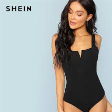 Abito midi stile lingerie satinato euro 25,99 qui. Shein Nero V Cut Anteriore Della Tuta Sexy Cinghie Plain Skinny Senza Maniche Body E Tutine Delle Donne Di Autunno Elastico Minimalista Body E Tutine Top Magliette