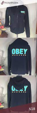 Obey Records Black Hoodie Full Zip Logo Back Sz S Black Hoodie Full Zip Hoodie Sweatshirt Tops