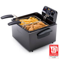 This stainless steel deep fryer comes with a basket that sits inside, ensuring easy cleaning and a large capacity. Black Stainless Steel Dual Basket Profry Immersion Element Deep Fryer Deep Fryers Presto