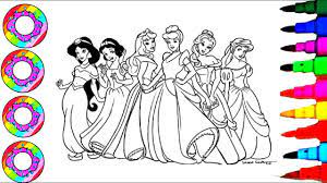 Color them online or print them out to color later. Disney S Princesses Jasmine Belle Ariel Aurora Cinderella In Rainbow Dress Coloring Page Youtube