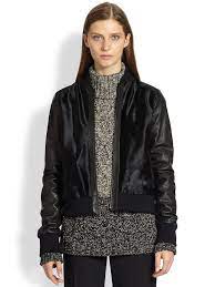 Vince Black Leather Sleeved Calf Hair Bomber Jacket Size Small Leather Sleeve Black Leather Bomber Jacket Bomber Jacket