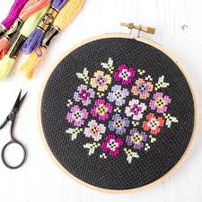 Free Cross Stitch Pattern Pansy Bouquet On Black Stitched
