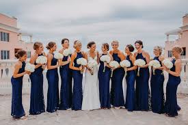 Shop for navy blue evening dress at dillard's. Outdoor Rooftop Bridal Party Portrait Bridesmaids In Halter Navy Blue Column Lulu S Zenith Dresses Bride In
