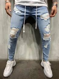 Light Blue Distressed Side Stripe Jeans Refined Wardrobe Super Skinny Jeans Men Ripped Jeans Men Skinny Jeans Men