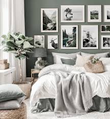 Black And White Bedroom Wall Decor Nature Inspired Gallery Wall Green Bedroom Black White Posters Oak Frames In 2020 Green Bedroom Walls Bedroom Green Wall Decor Bedroom