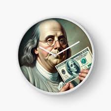 Ben Franklin Holding $100 Bill" Clock for Sale by NovosArt