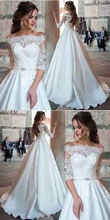 Elegant Ball Gown Half Sleeve White Lace Satin Off Shoulder Wedding Dress Off Shoulder Wedding Dress Lace Wedding Dress With Sleeves Half Sleeve Wedding Dress