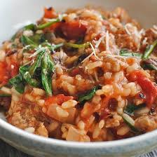 Oven Baked Risotto With Sausages And Tomatoes Magic Skillet Recipe Sausage Risotto Recipe Oven Baked Risotto Risotto Recipes