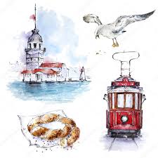watecolor istanbul turkey set maiden tower tram seagull simit hand stoc affiliate set ma cool art drawings watercolor postcard islamic art calligraphy