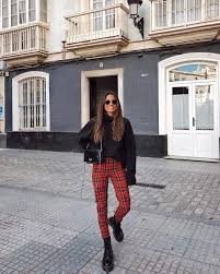 Cute Red And Black Plaid Pants With Comfy Black Knit Sweater And Trendy Leather Boots Fashion Outfits Fashion Outfits