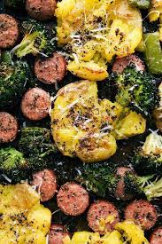 Sheet Pan Italian Sausage Roasted Veggies And Crispy Garlic Parmesan Smashed Potatoes C Smashed Potatoes Roasted Smashed Potatoes Smoke Sausage And Potatoes