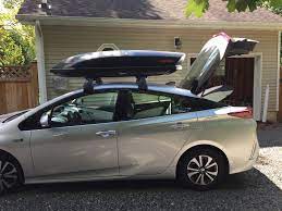 430l capacity premium roof box in a gloss silver / grey metallic finish. Prius Prime Roof Rack Cargo Box Combo That Works Priuschat