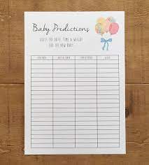 Have each guest fill out a card with questions about baby, like predicting the gender, weight, eye color and due date. Baby Prediction Sheet A4 Baby Shower Game Etsy Baby Prediction Baby Shower Guessing Game Baby Boy Growth Chart