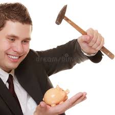 Business Man with Hammer about To Smash Piggy Bank Stock Image