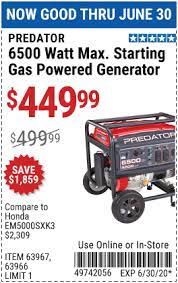 Predator 6500 Watt Max Starting Gas Powered Generator For 449 99 Gas Powered Generator Power Generator Harbor Freight Tools