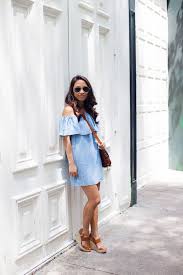 Chambray Off The Shoulder Dress The View From 5 Ft 2 Off The Shoulder Top Outfit Shoulder Tops Outfit Top Outfits