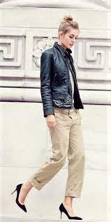 Leather Jacket Effortless Style Chino Pants Women Chinos Women Outfit Womens Chinos