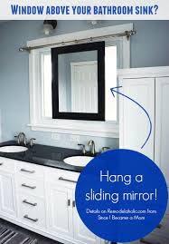 Remodelaholic Master Bathroom Renovation With Sliding Mirror Over The Window Sliding Mirror Bathroom Set Blue Black Bathroom Sets