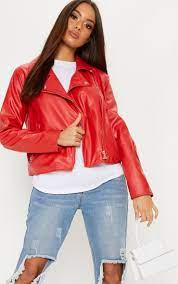 Red Cropped Vinyl Puffer Red Denim Jacket Red Puffer Jacket Pu Biker Jacket