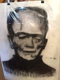 Two Rare FRANKENSTEIN CHARCOAL DRAWING Sara Karloff Signed- by Re-known  Artist