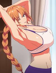 mira (master piece), master piece the animation, highres, 1girl, armpits,  arms behind head, arms up, blue eyes, braid, breasts, cleavage, large  breasts, long hair, looking at viewer, one eye closed, orange hair,