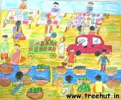 How to draw scenery of village market | toma's drawing. Village Market Drawing For Kids Drawing Tutorial Easy