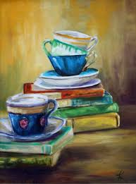Tea Cups And Stacked Books Painting By Frances Reighly Www Frastudios Com Painting Art Composition Painting