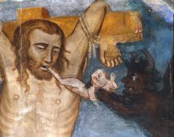 The unrepented thief, crucifies with Jesus, his soul is torn from his mouth  by a demon Representation of the evil thief calls Gesmas or Gestas. Fresco  by the master of the Sacro