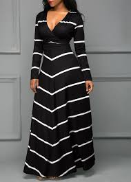 Black V Neck Long Sleeve Stripe Print Dress Rosewe Com Usd 33 60 Moda Evangelica Vestidos Vestidos Estilosos Moda Vestidos