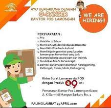 Melampirkan surat pernyataan sanggup ditempatkan di wilayah kerja sesuai dengan kebijakan kantor yang ditandatangani di atas materai rp 6.000 sesuai format terlampir Lowongan Kerja Kurir Kantor Pos Lamongan Atmago