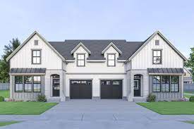 Plan 280079jwd New American Duplex House Plan With Matching 3 Bed Units In 2021 Duplex Floor Plans Duplex House Design Duplex House