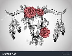 Bull Skull With Roses On Her Head And With Feathers Hanging From The Horns Graphic Illustration Technique Bull Tattoos Bull Skull Tattoos Cow Skull Tattoos