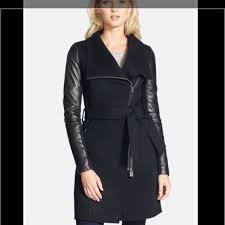Mackage Black Wool And Leather Coat Wool Coat Women Mackage Coat Leather Sleeve