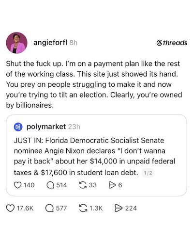 angieforfl “Shut the fuck up. I'm on a payment plan like the rest of the  working class. This site just showed its hand. You prey on people  struggling to make it and