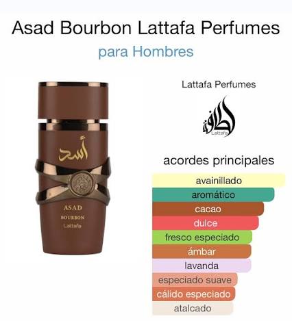 Asad Bourbon de Lattafa Perfumes es una fragancia de la familia olfativa  Oriental Especiada para Hombres. Esta fragrancia es nueva. Asad Bourbon se  lanzó en 2025. Las Notas de Salida son lavanda,