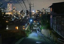 夜散歩のススメ2345 国分寺野川の階段坂 ビル街風景 夜散歩のススメ 夜 散歩 風景 ビル