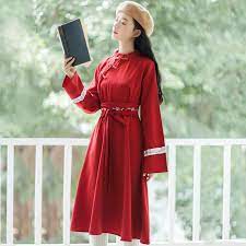 ロング丈ワンピース チャイナ風ワンピース チャイナ風普段着 改良漢服 刺繍ワンピース レディースファション 改良唐装 改良漢服 s m l ll スタンドネック 長袖 レッド 赤い 赤いワンピース 漢服 ワンピース